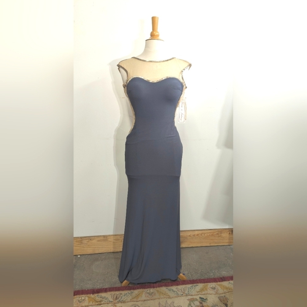 Dave & Johnny Illusion Grey Jersey Prom Dress Bodycon Cutout Beaded 0 Stretch